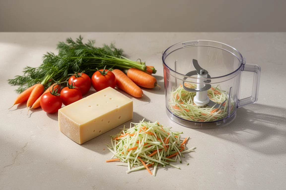 Légumes frais et fromage râpé disposés à côté du bol d'un robot culinaire