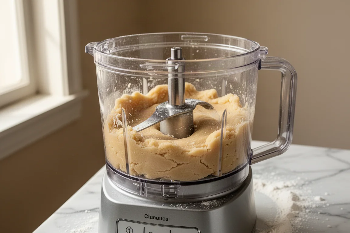 Scène de cuisine mains libres avec une pâte mélangée dans le bol d'un robot culinaire