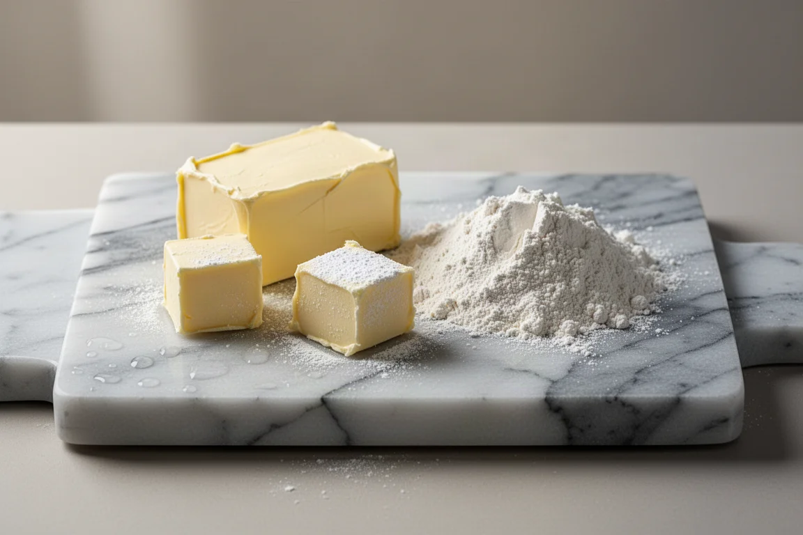 Cubes de beurre et farine disposés sur une marbre à pâtisserie refroidie