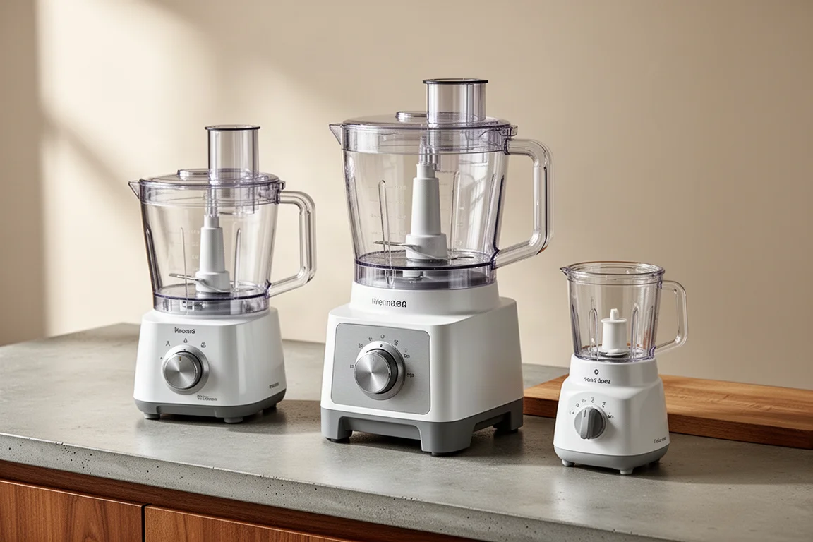 Three food processors of different sizes arranged on a kitchen counter