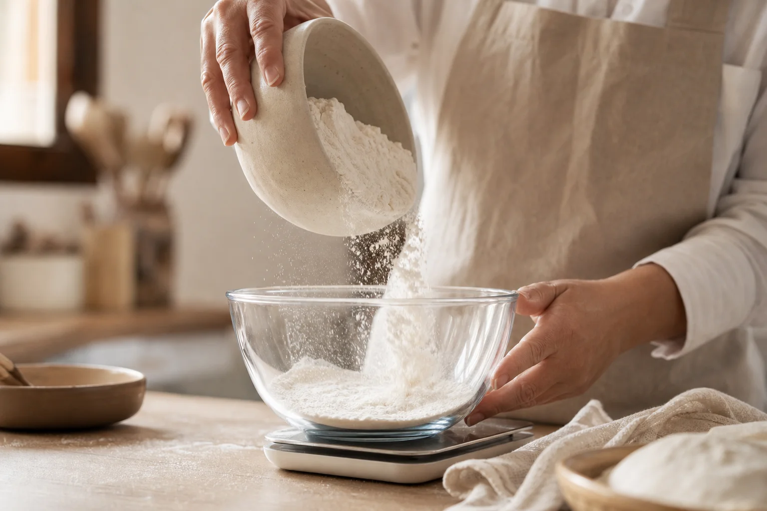 Un pasticciere che misura la farina in una ciotola con una bilancia da cucina su un piano in legno