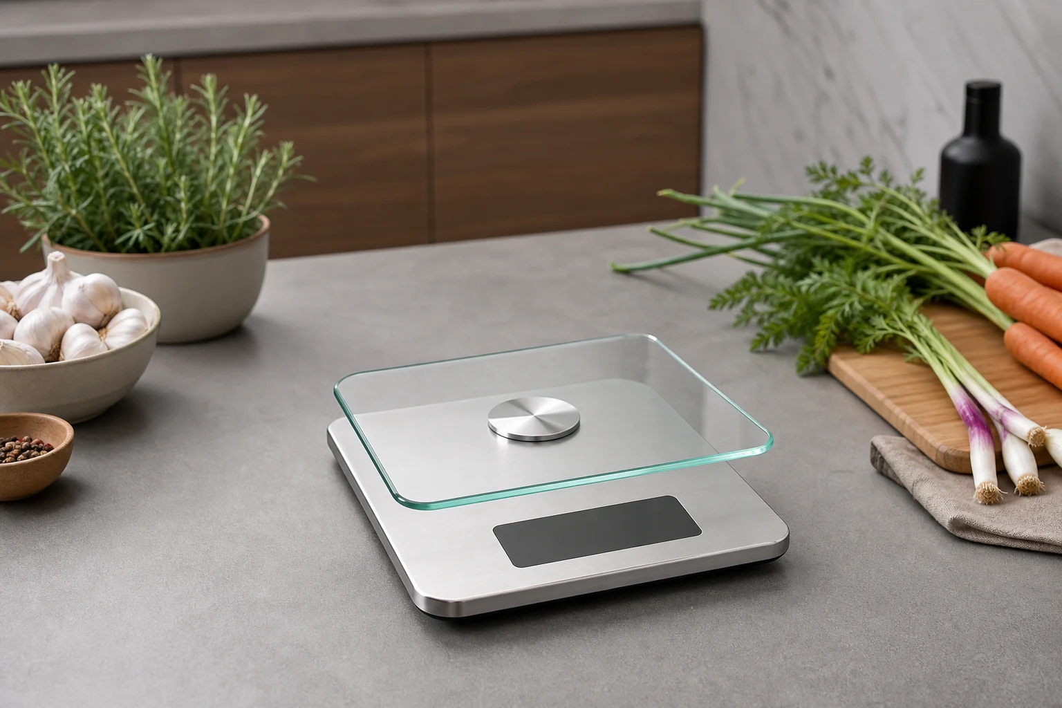Bilancia da cucina in acciaio inox e vetro su un piano moderno con ingredienti vicini