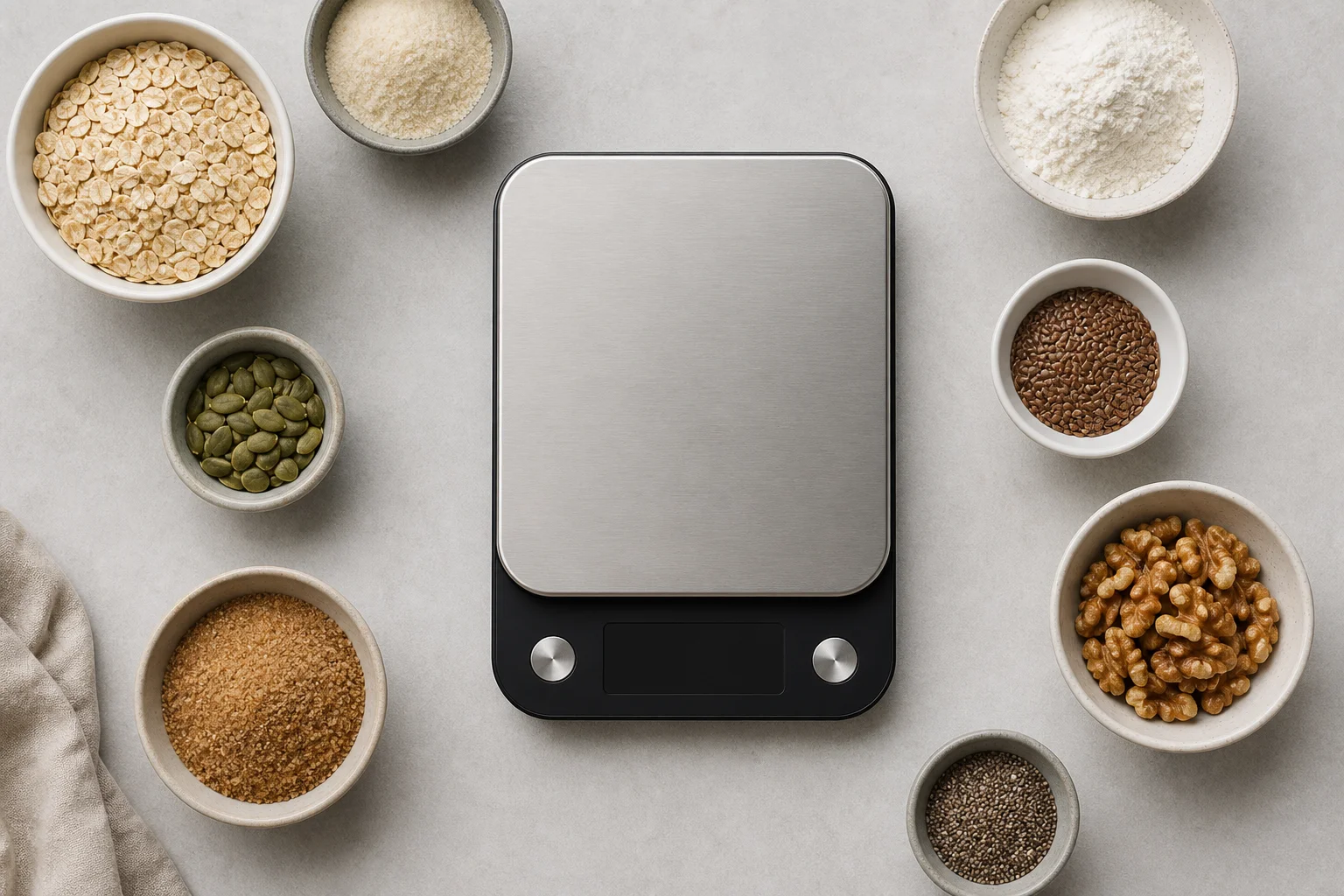Vista dall'alto di una bilancia da cucina nera compatta con vari ingredienti misurati