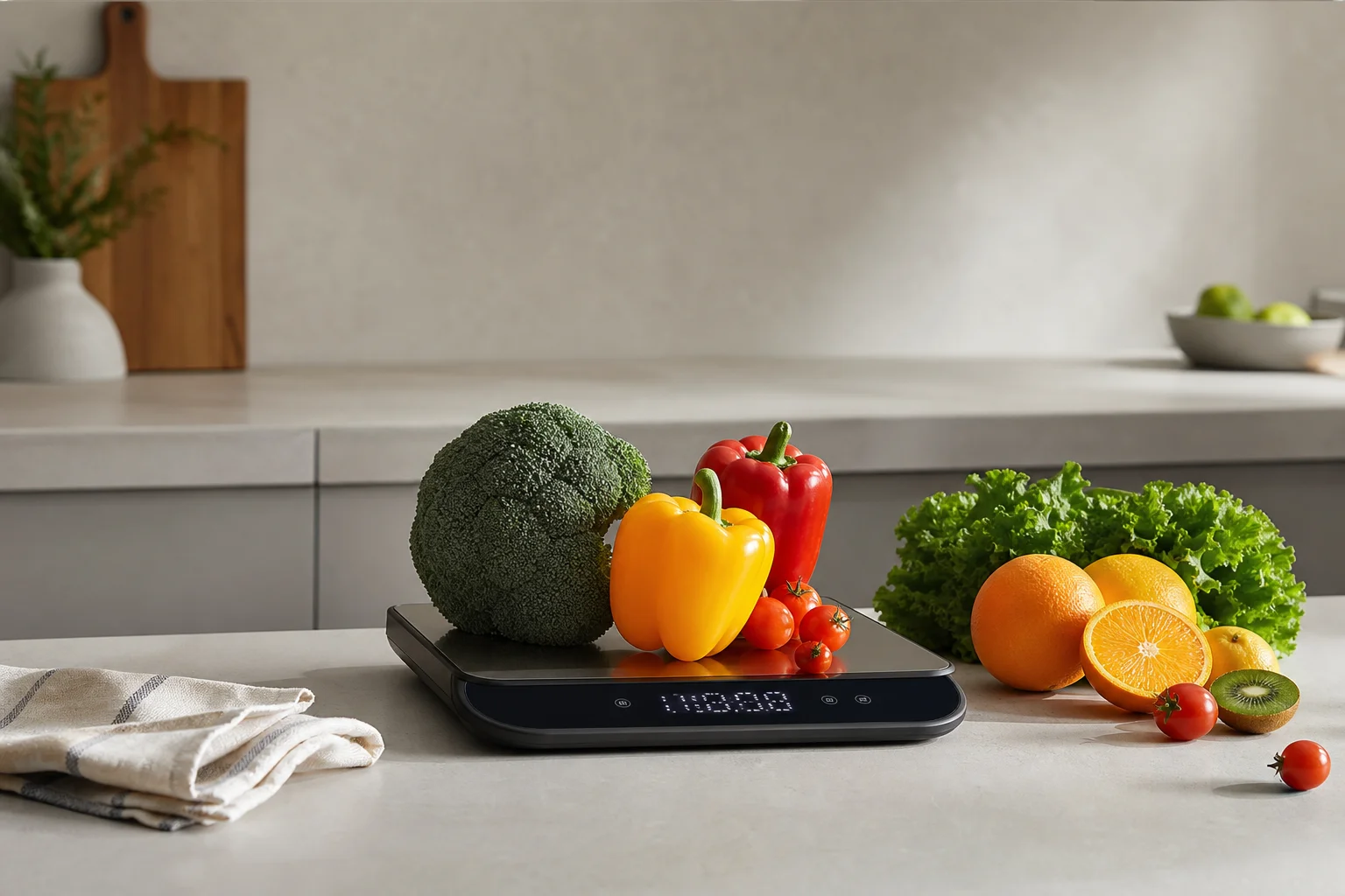 Bilancia da cucina ad alta capacità con prodotti freschi su un piano di lavoro moderno