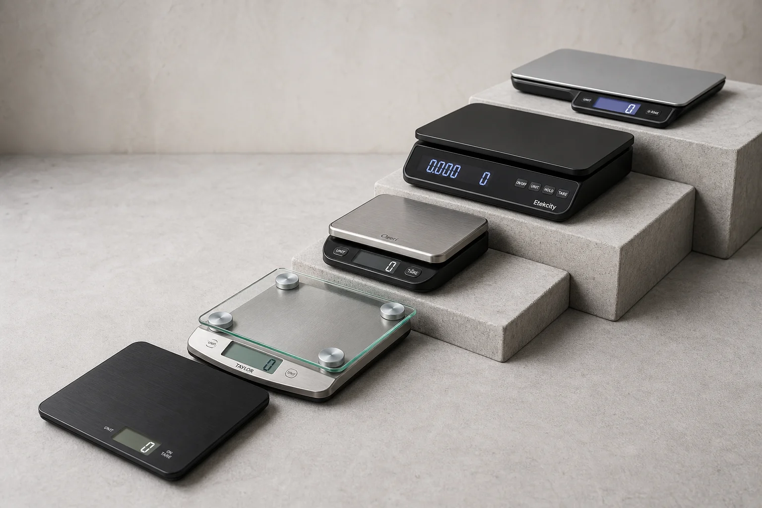 Five kitchen food scales arranged in descending order on a concrete surface