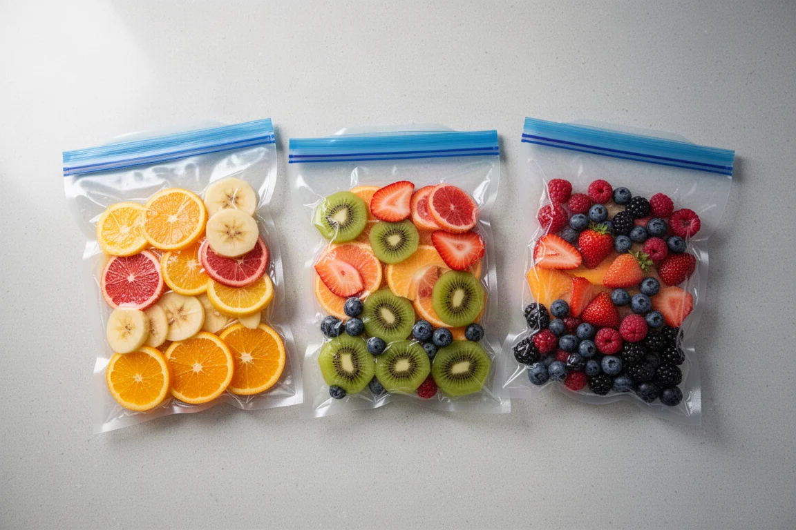 Flat food storage bags filled with food and pressed flat on a counter