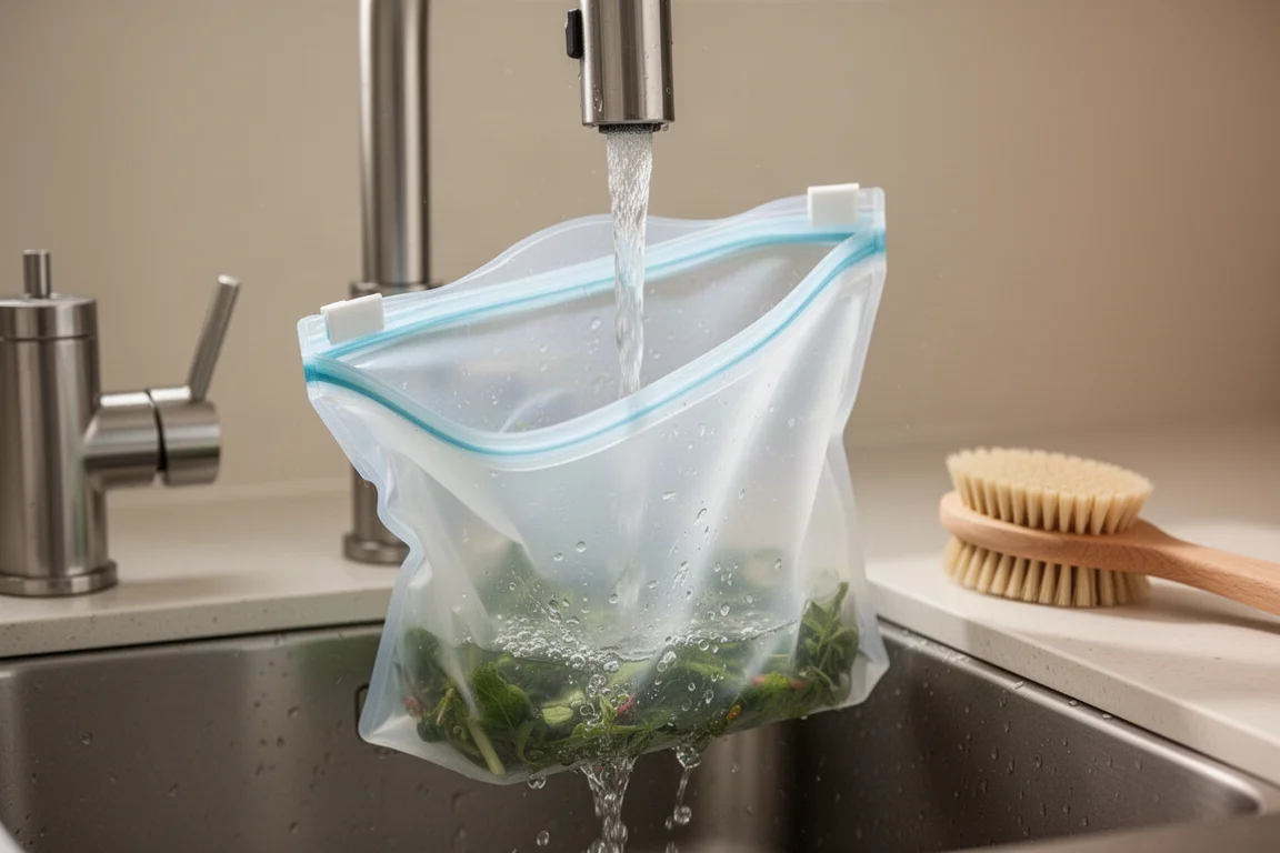Reusable storage bags being rinsed clean under a kitchen tap