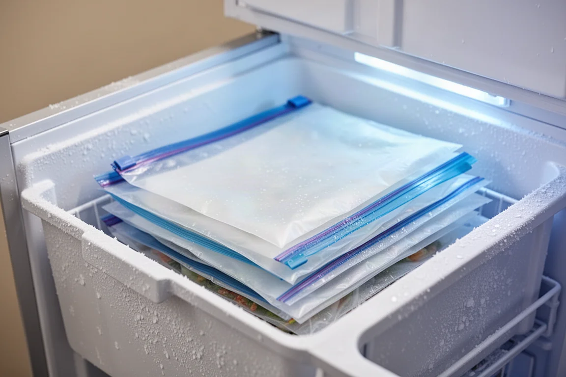 Food storage bags neatly organized in a freezer drawer
