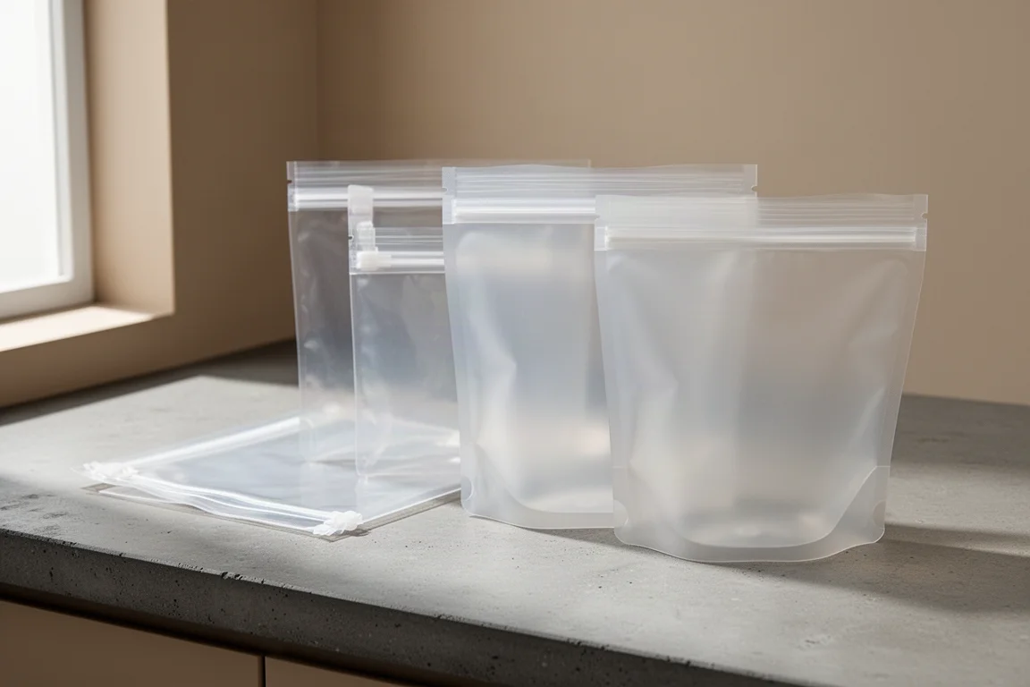 Flat disposable and reusable food storage bags lined up on a kitchen counter