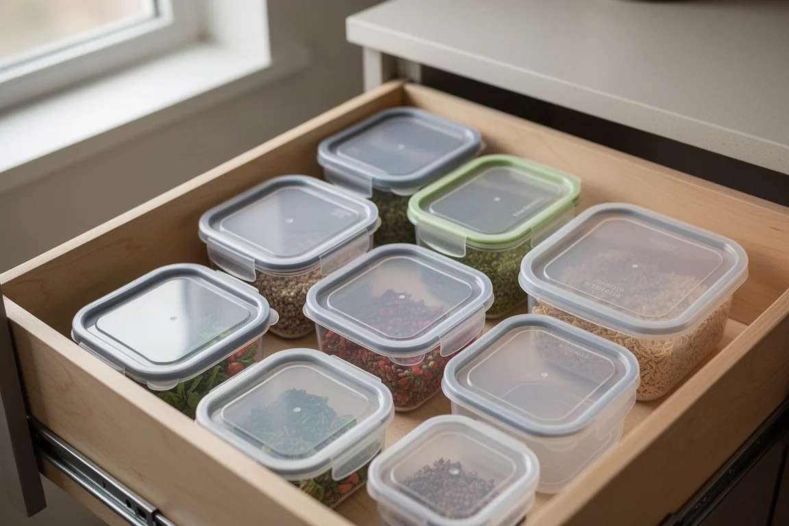 Open kitchen drawer filled with mismatched food storage containers and loose lids