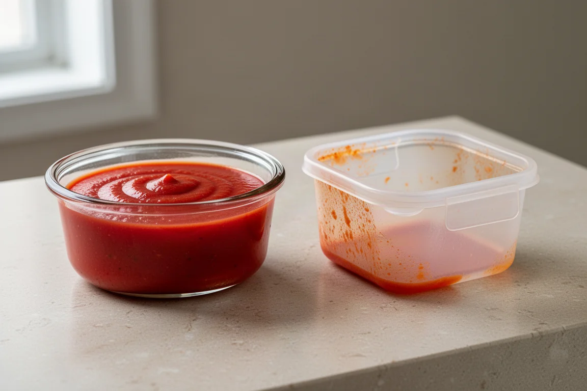 Glass container filled with tomato sauce beside a stained plastic container