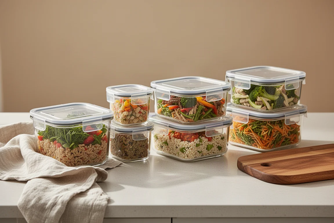 Fresh meal prepped food stored in clear glass containers on a kitchen counter