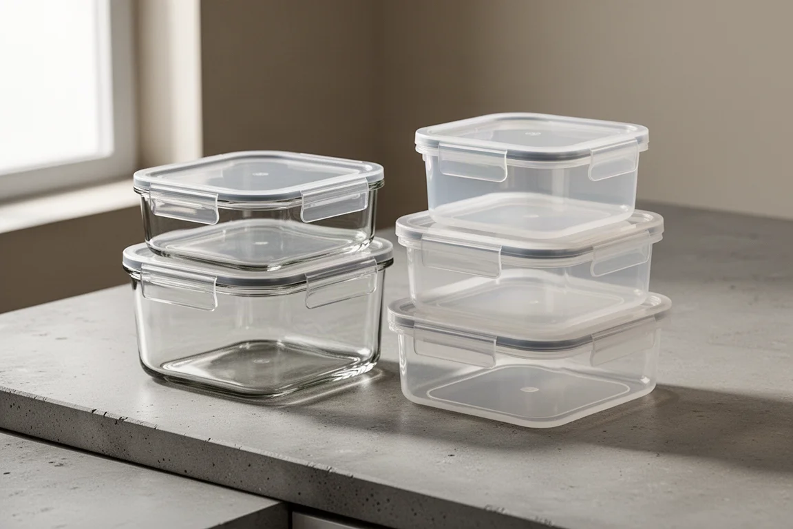 Clear glass and plastic food storage containers with lids on a kitchen counter