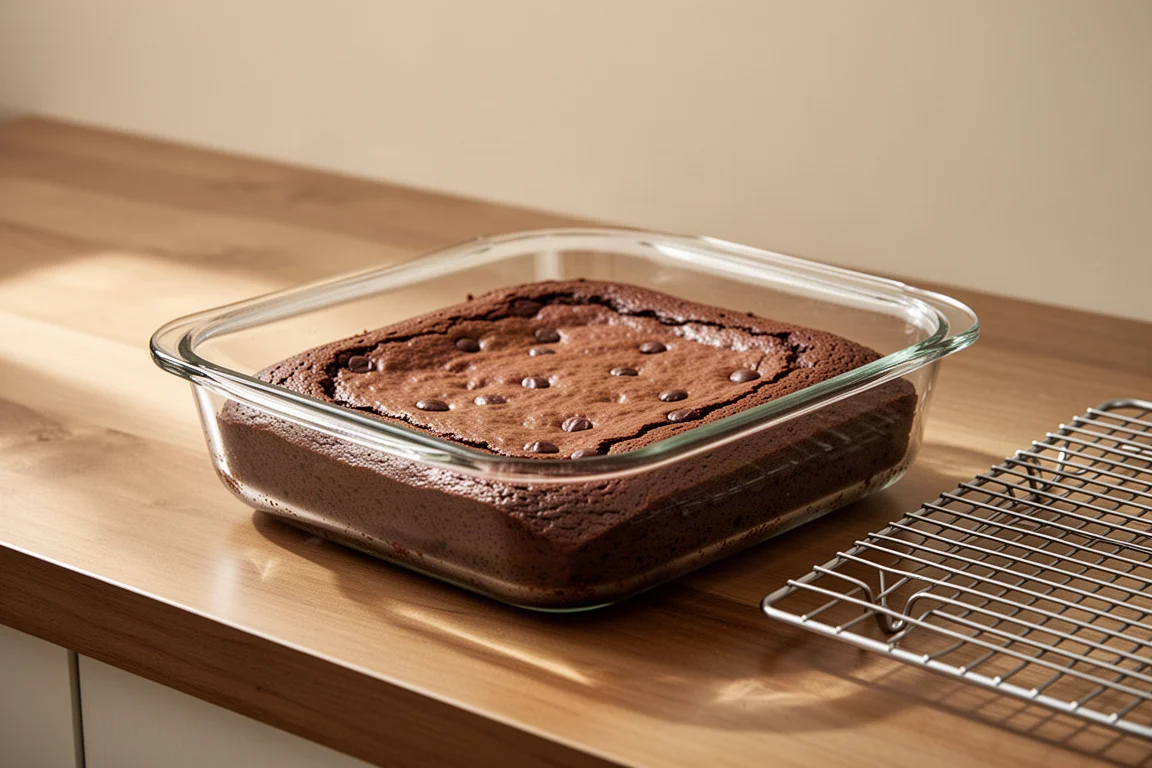 Gräddade brownies som svalnar i en glasform på en träbänk