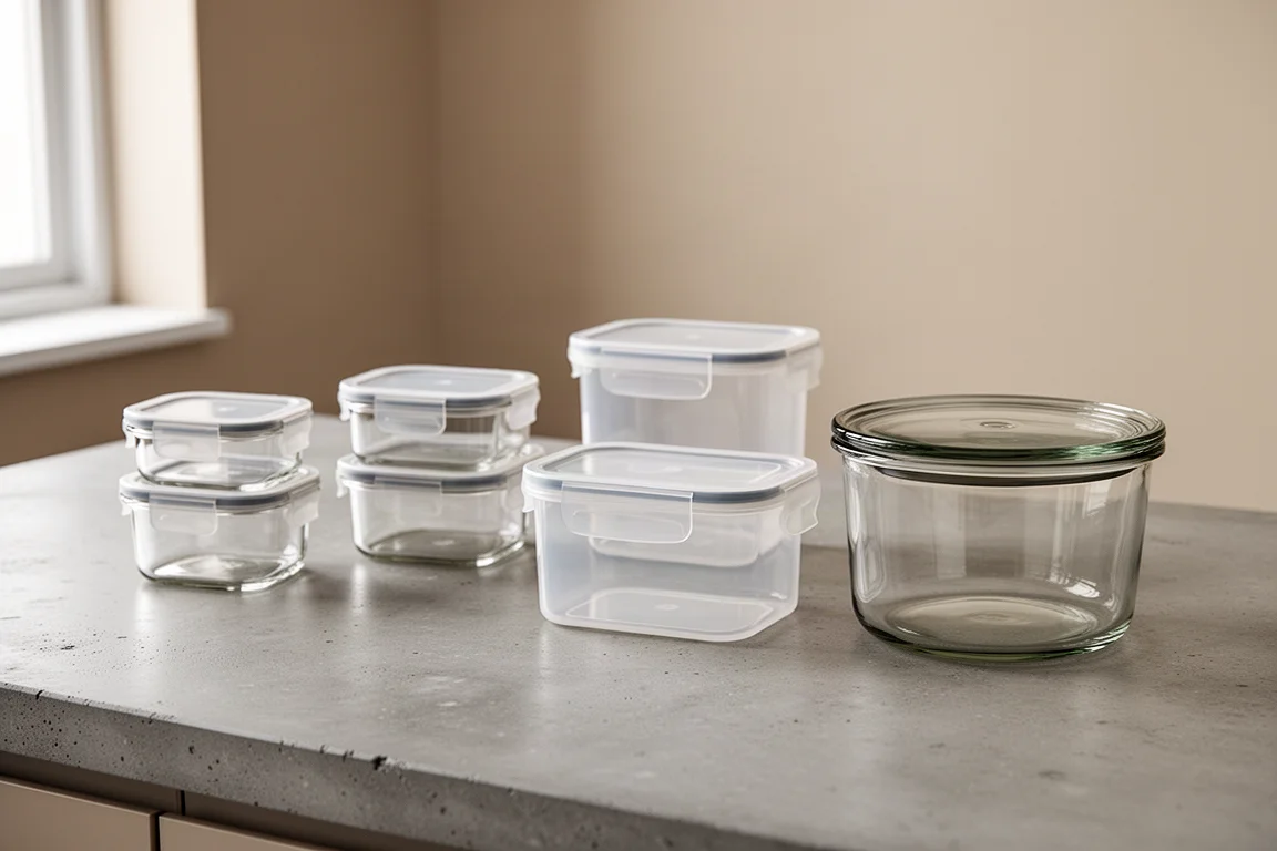 Lineup of glass and plastic food storage containers on a concrete surface