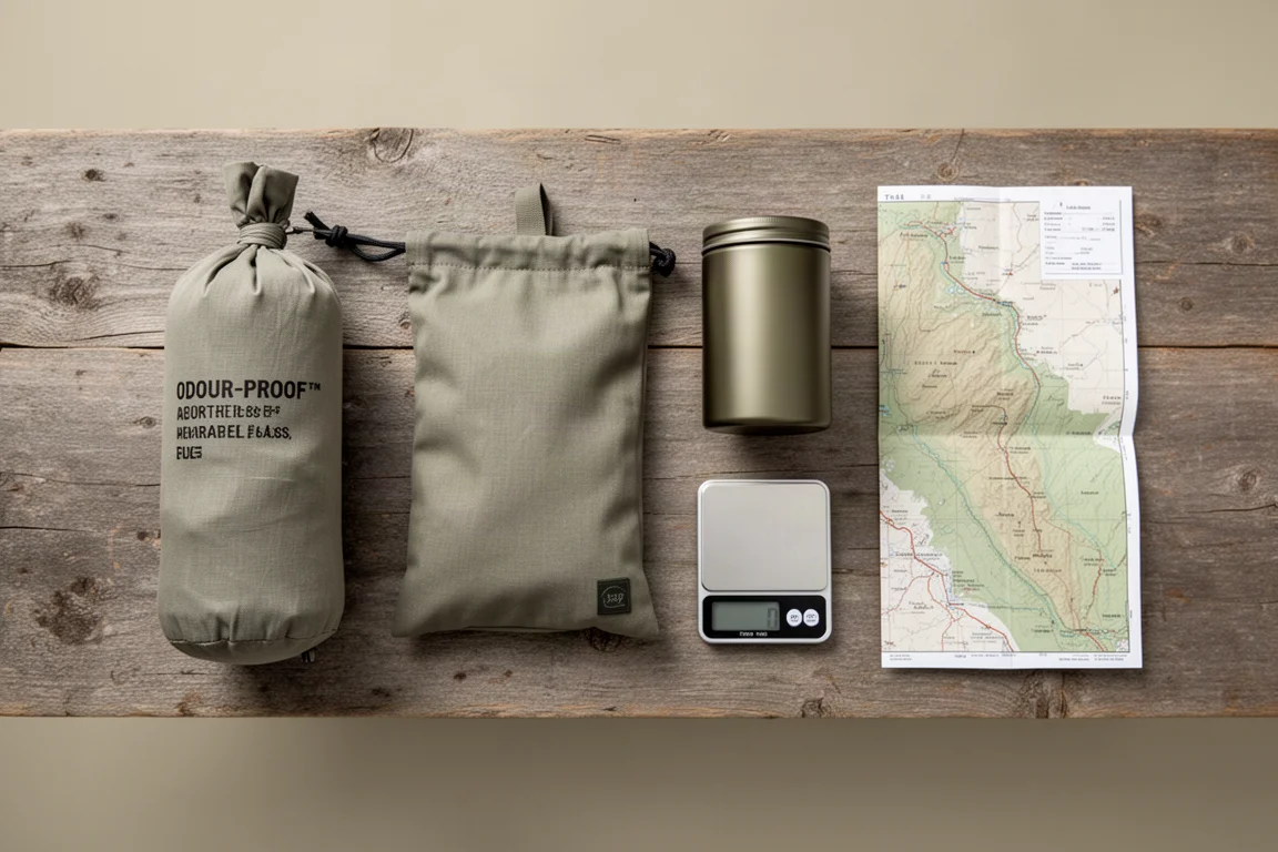 Draufsicht im Flat-Lay auf Backpacking-Lebensmittelaufbewahrung mit Karte und kleiner Waage