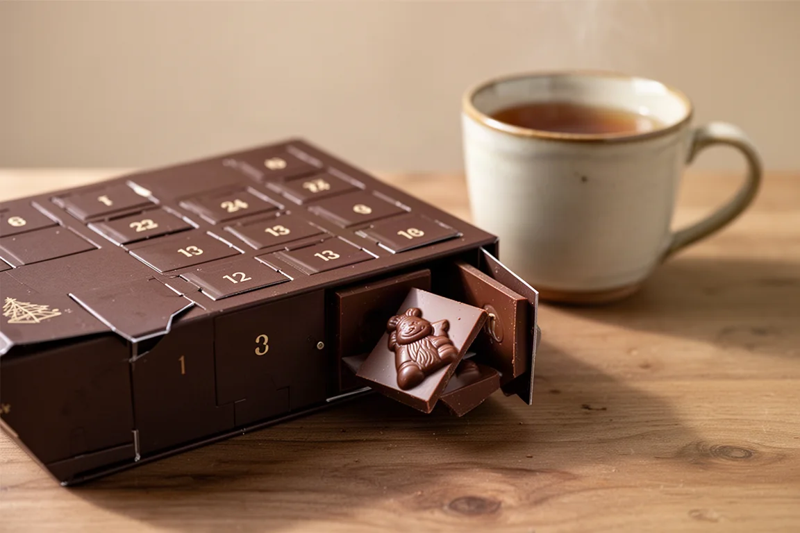 Manos abriendo una pequeña puerta numerada de un calendario de adviento de chocolate junto a una taza de té