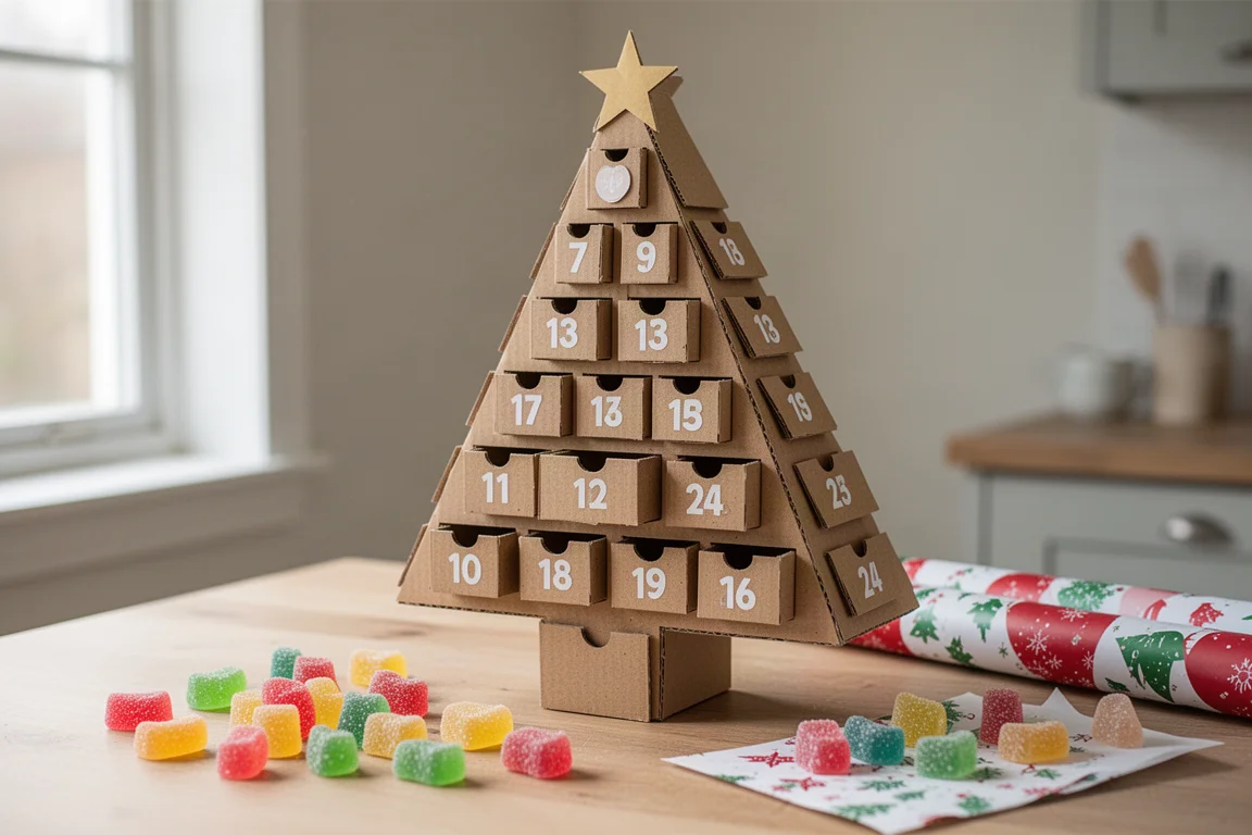 Un árbol de calendario de adviento hecho a mano con cartón, lleno de pequeños cajones numerados, sobre una mesa de cocina