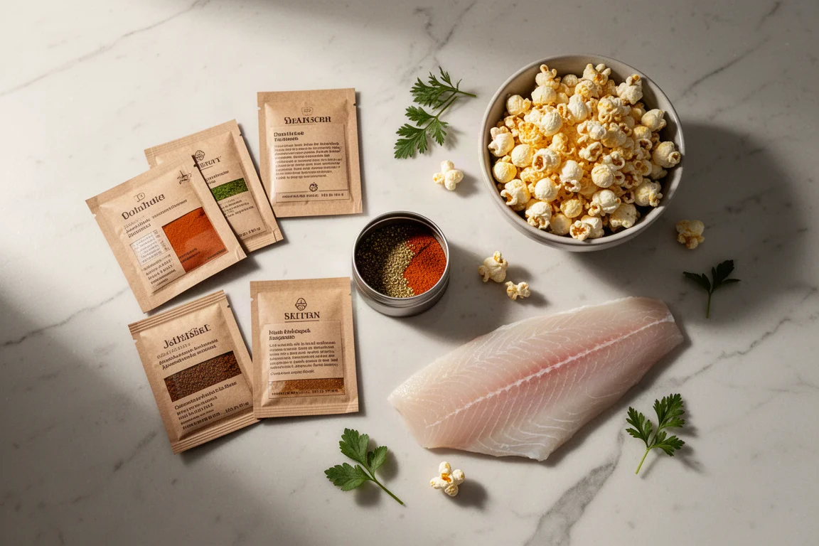 Sobres pequeños de especias y una lata metálica dispuestos sobre una encimera de mármol con ingredientes frescos