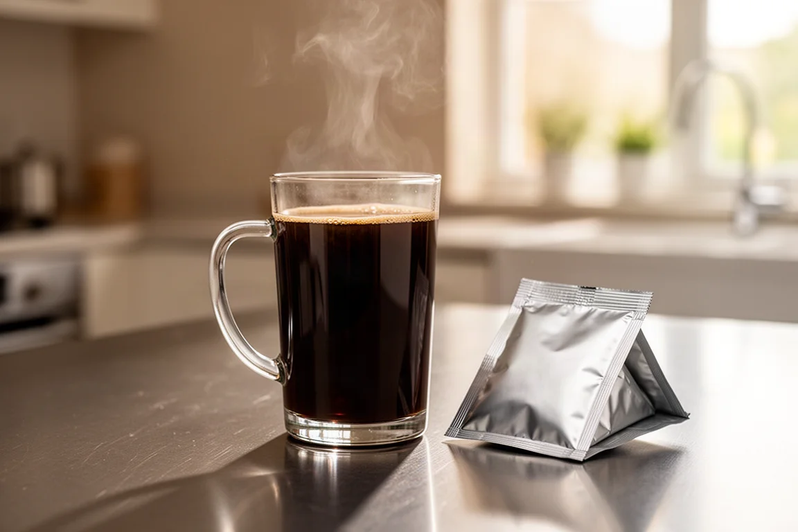 Una taza de café recién hecho humeante sobre la encimera junto a un sobre de aluminio abierto