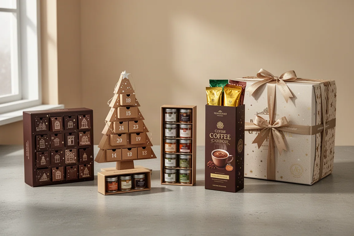 Five festive advent calendar boxes arranged on a matte concrete surface