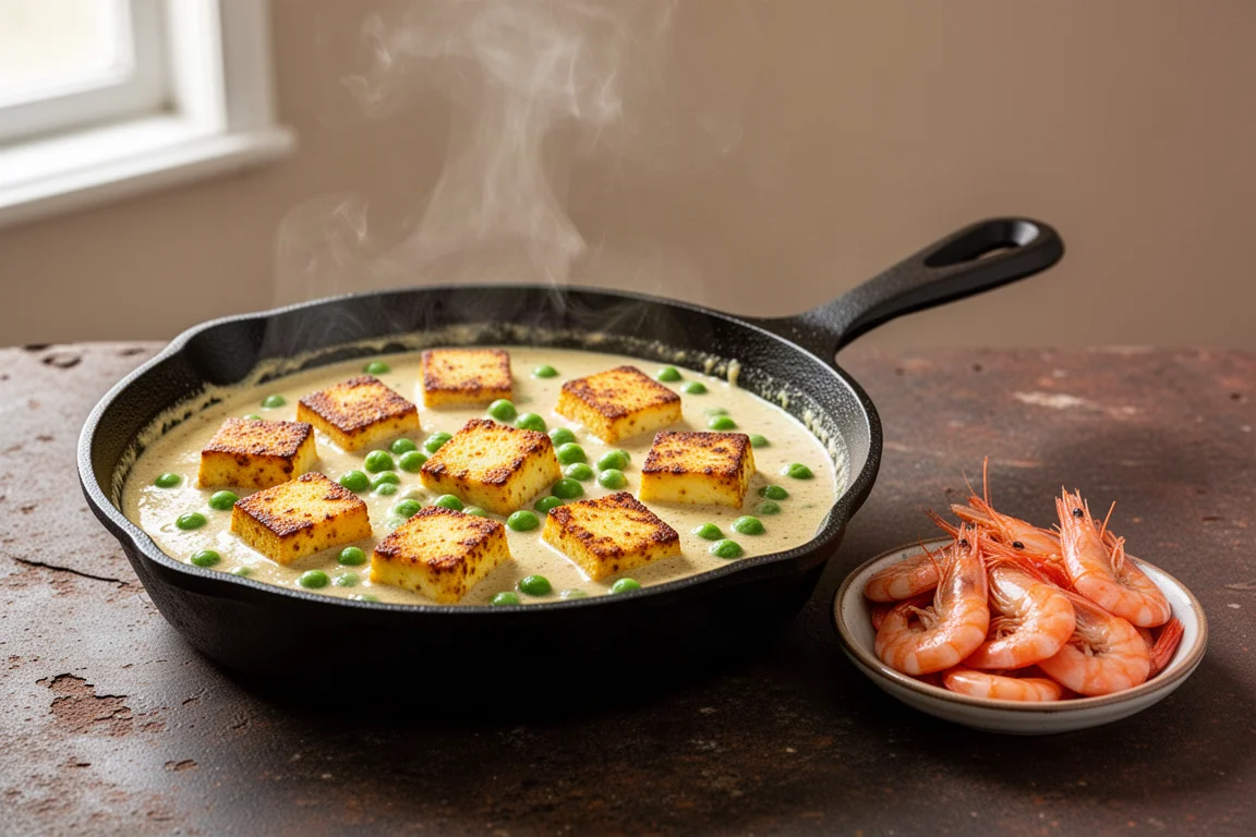 Salsa de curry hirviendo a fuego lento en una sartén con cubos de paneer junto a gambas marinadas