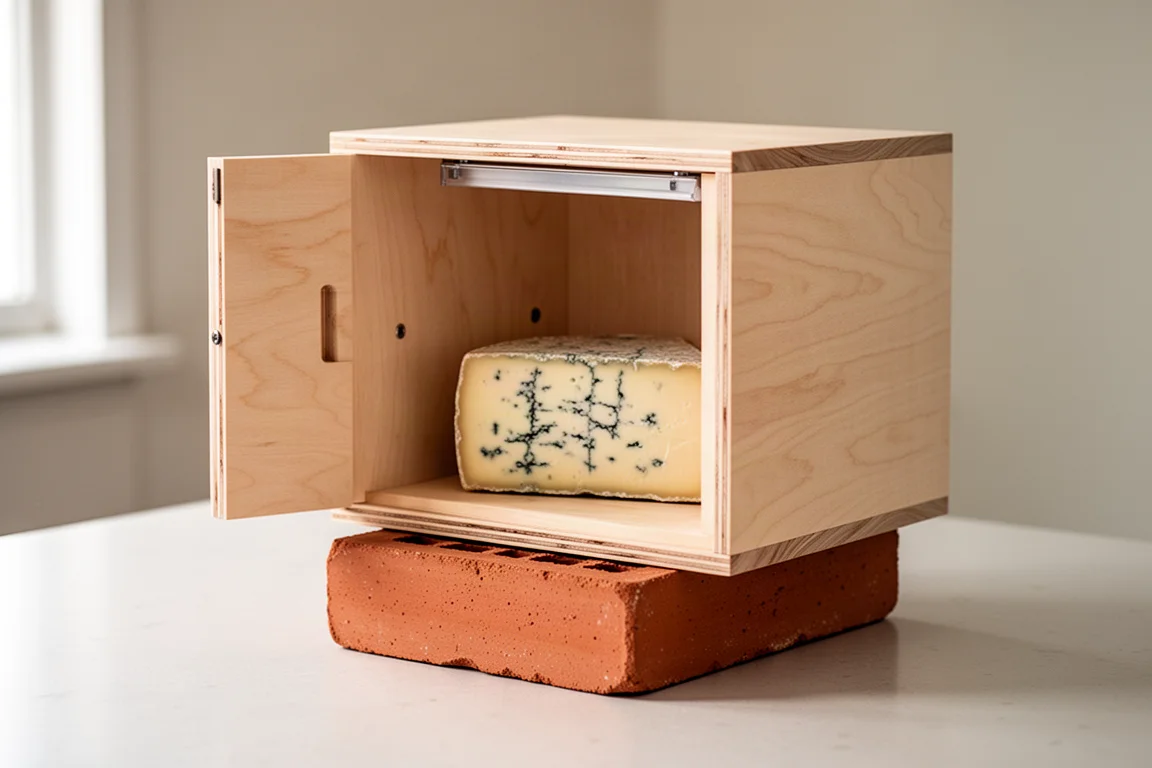 Gruta de queso de madera de abedul abierta sobre la encimera de la cocina con un ladrillo de arcilla dentro