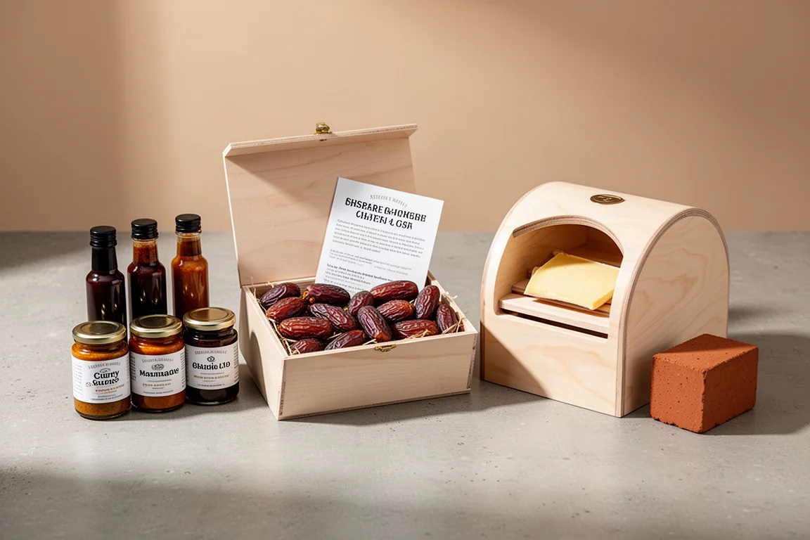 Curry sauce jars, a date gift box, and a birch wood cheese grotto arranged on a concrete surface