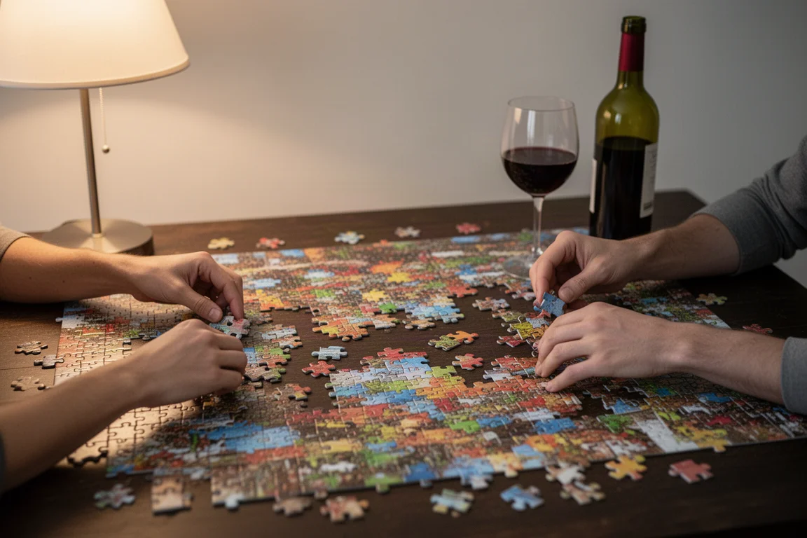 一個人在木桌上拼 1,000 片的彩色葡萄酒地圖拼圖,旁邊放著一杯紅酒