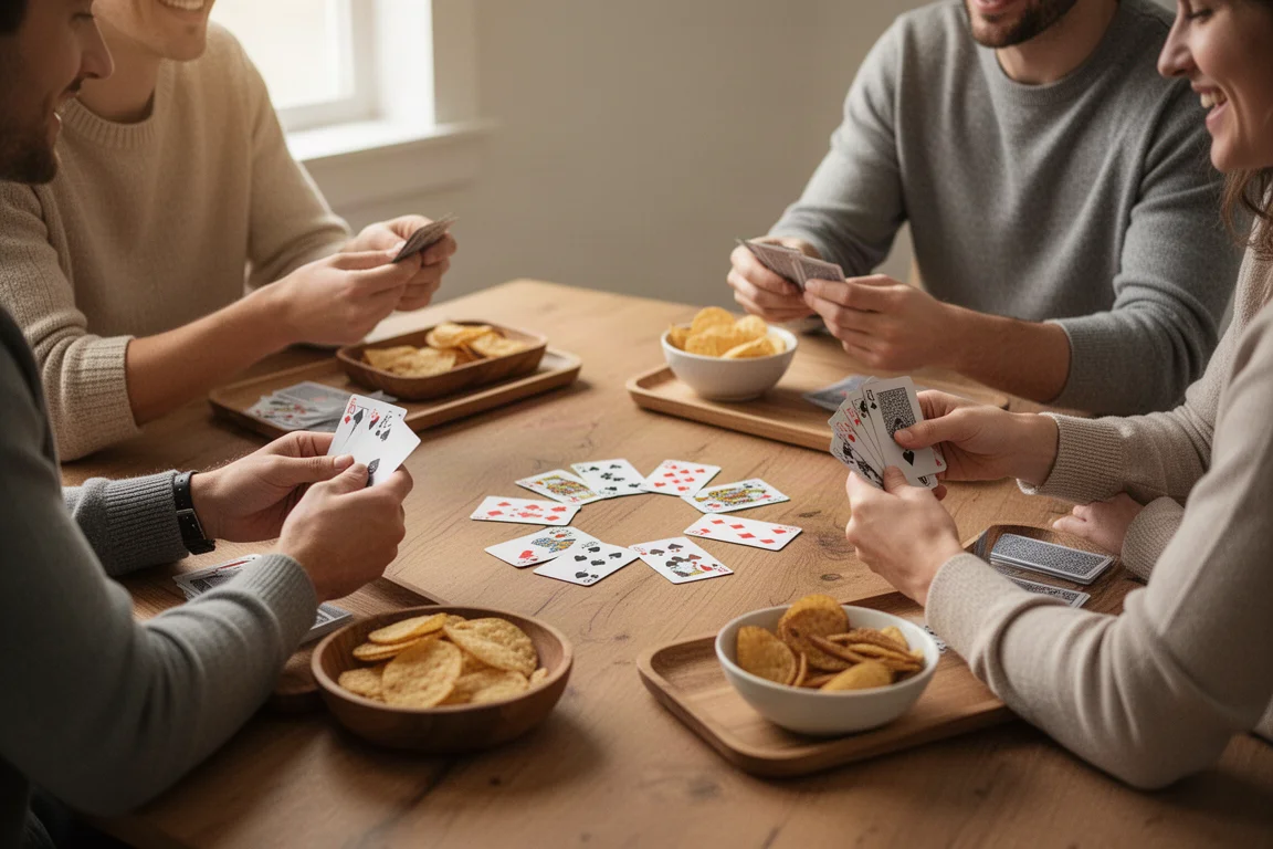 Group of friends playing a card game around a wooden table with snacks