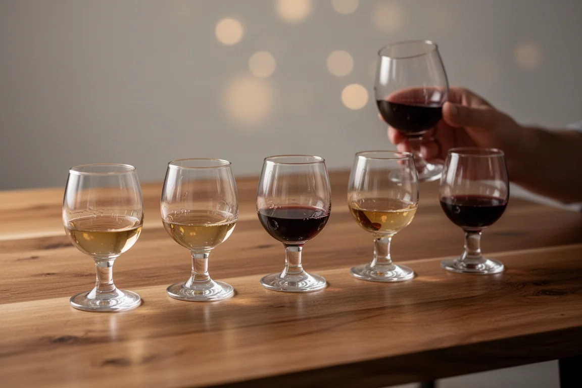 Wine glasses lined up on a table during an at-home tasting evening