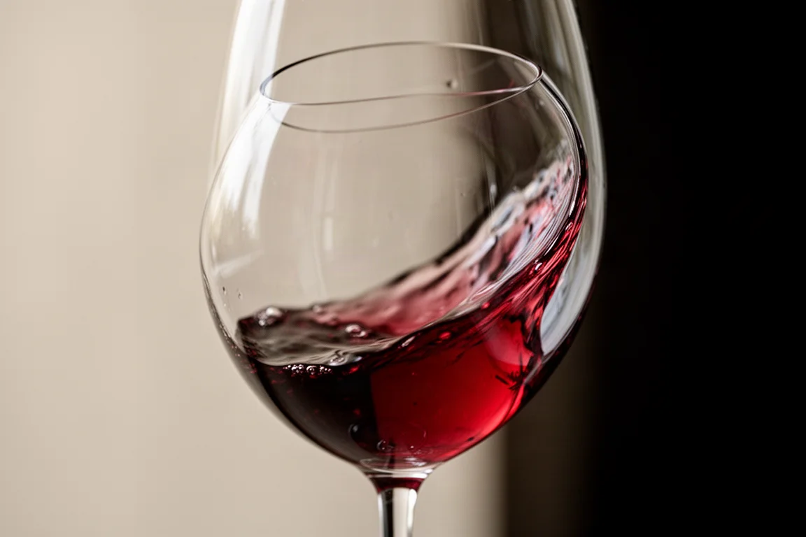 Ultra-thin wine glass with a kinked bowl catching soft window light