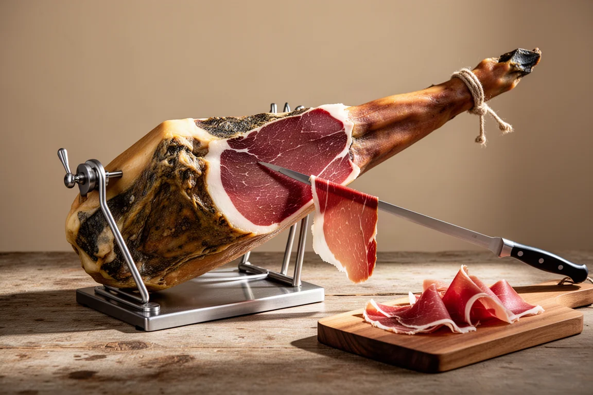 Cured ham leg secured in a carving stand being sliced by hand