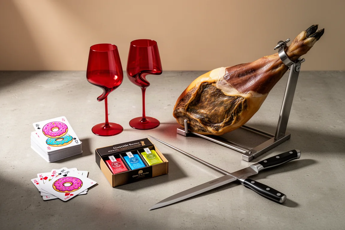Four foodie gifts arranged on concrete: card game, wine tasting box, kinked wine glasses, and a ham carving kit