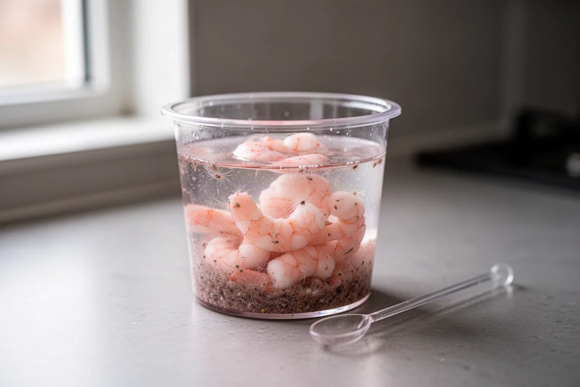 Thawed frozen shrimp and copepod mix in a small clear cup on a counter