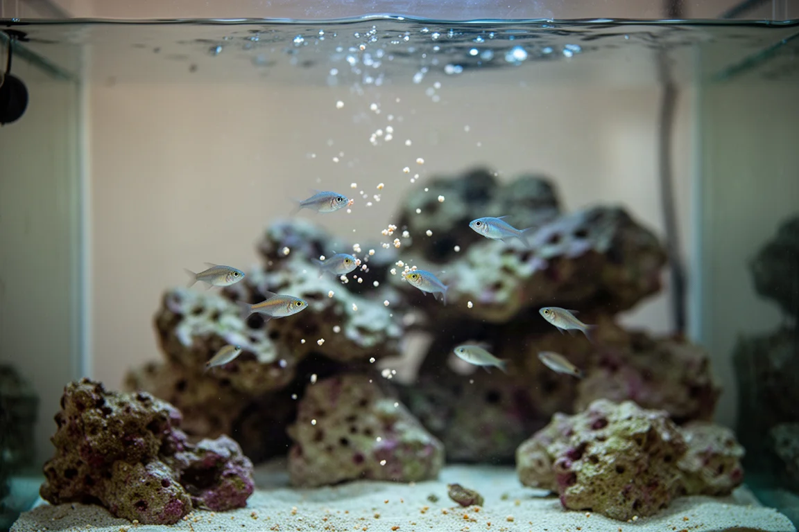 Small reef fish picking at suspended food particles in a lit tank