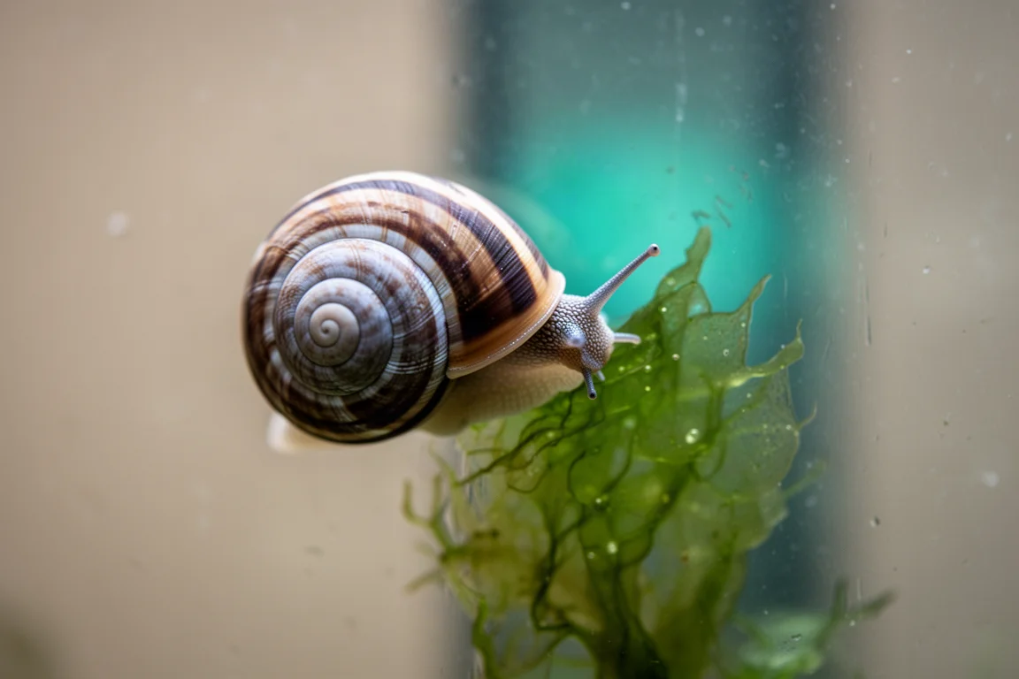 Banded snail grazing on film algae on aquarium glass
