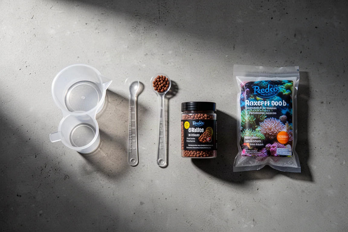 Flat-lay of feeding tools for a reef tank on a concrete surface