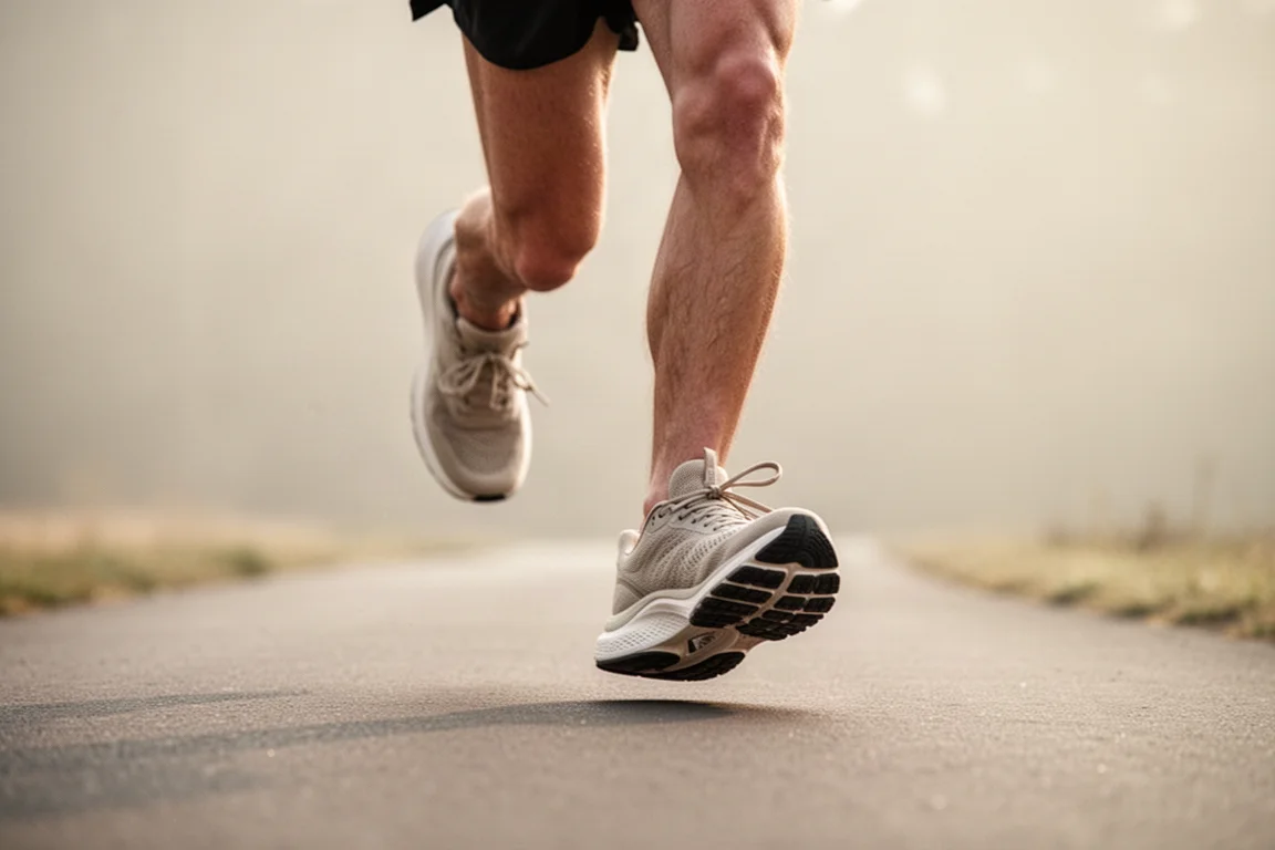 Läufer schreitet auf einem befestigten Weg in Laufschuhen mit breiter Zehenbox