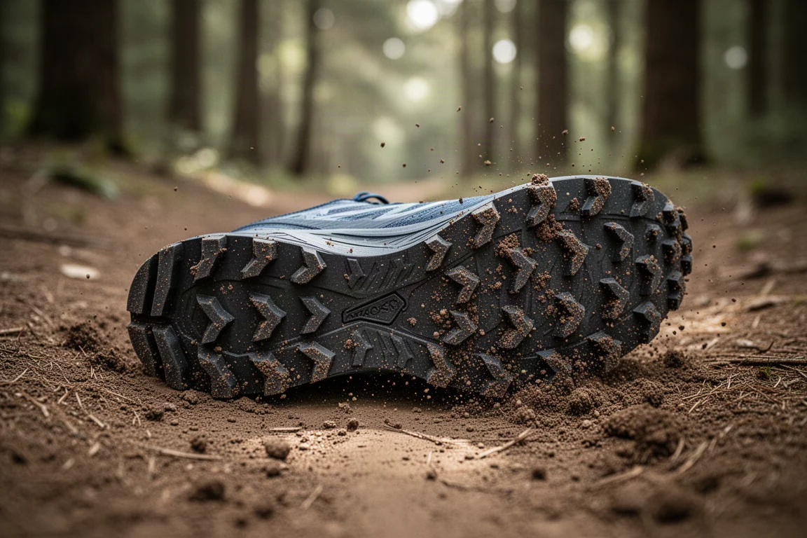 Nahaufnahme tiefer Stollen eines Trailrunningschuhs auf einem Waldweg