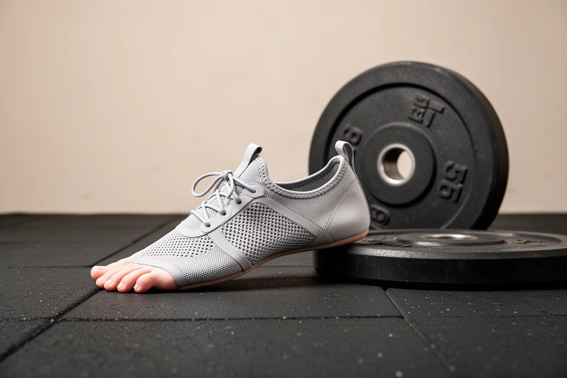 Barfuß-Stil-Trainingsschuh auf einem Fitnessstudiosk neben einer Gewichtsplatte