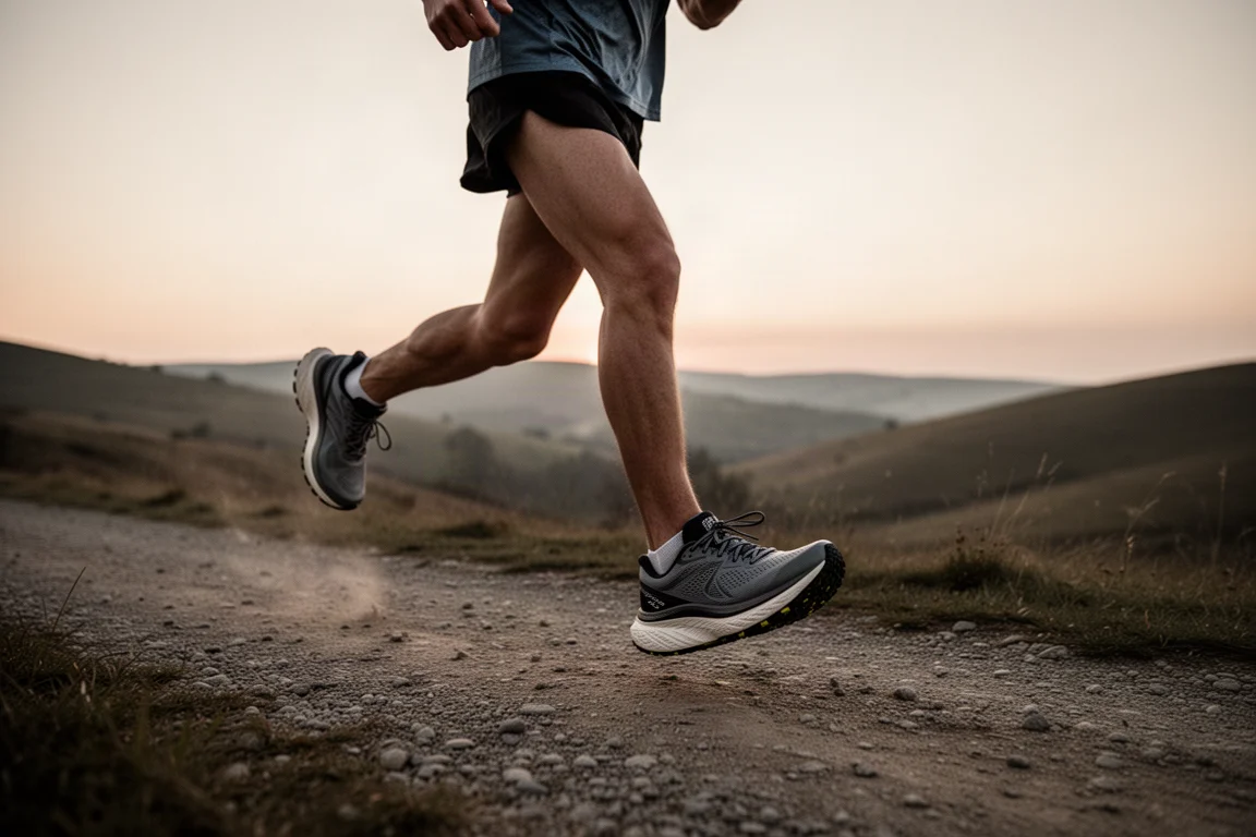 Corredor terminando um longo trail no entardecer com um tênis de ultramaratona