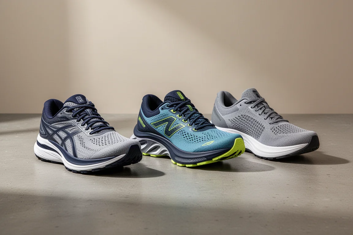 Three stability running shoes arranged in a row on a concrete surface