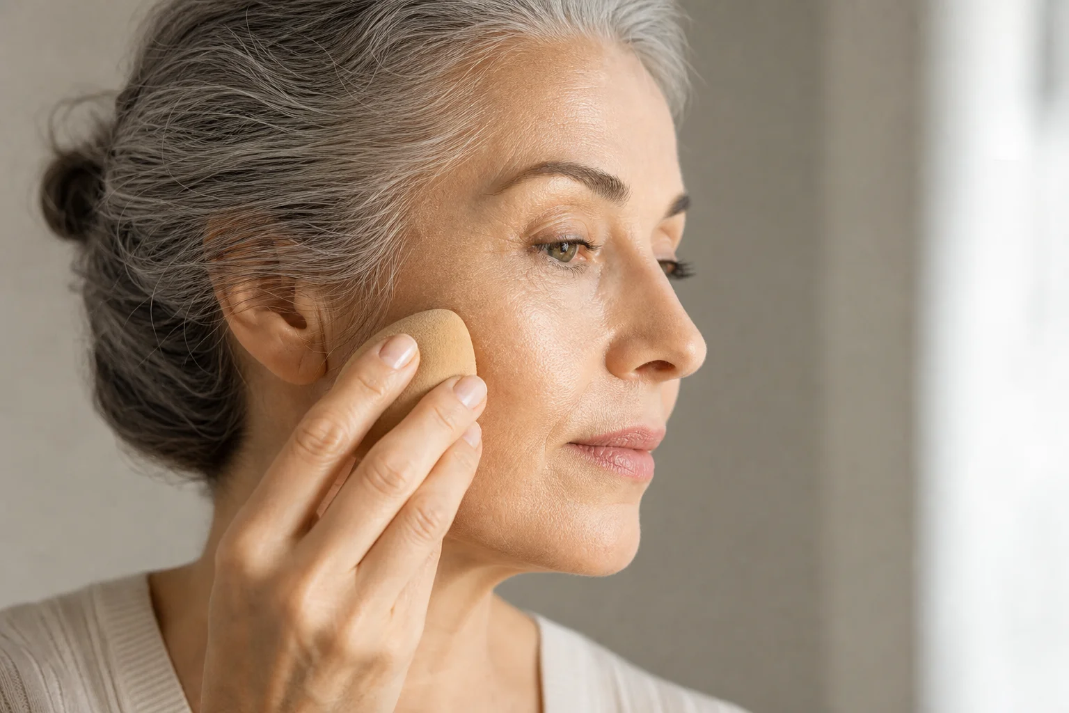 Mature woman applying foundation with a makeup sponge to her cheekbone