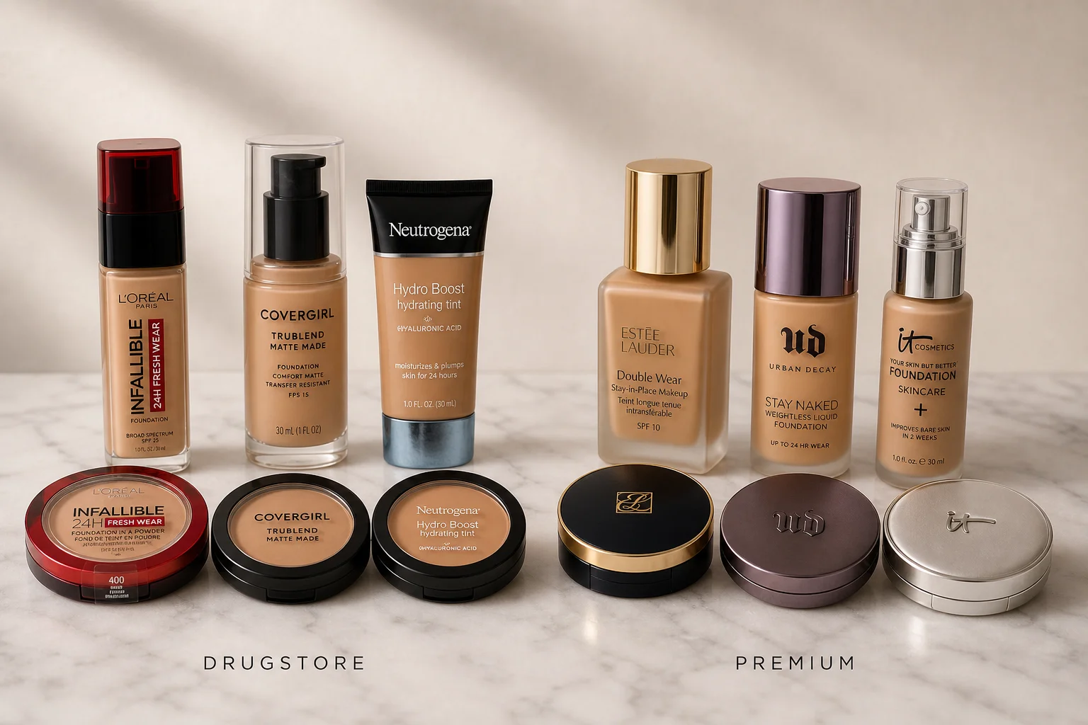 Six foundation products arranged in two rows on marble surface