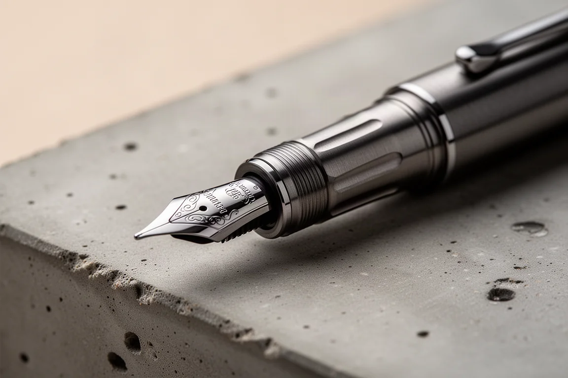Close-up of a dark textured titanium fountain pen section and nib on a neutral desk