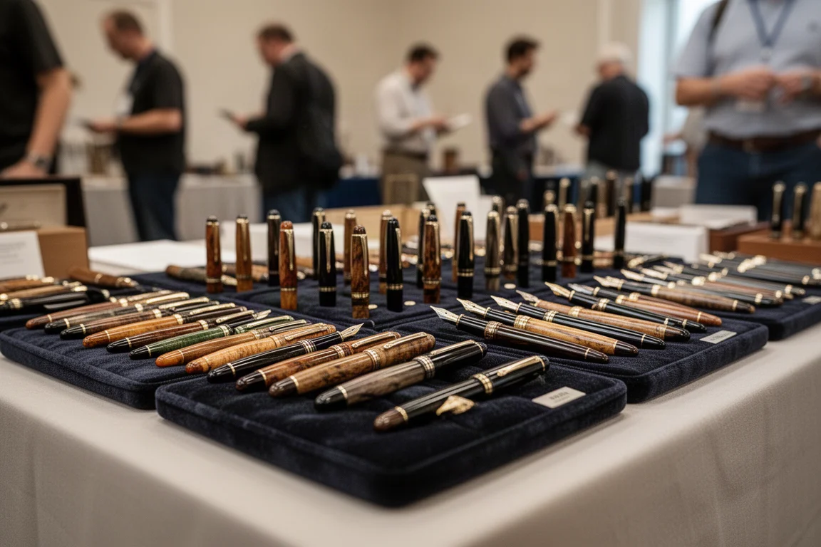 Pen show table with handmade fountain pens displayed for browsing visitors