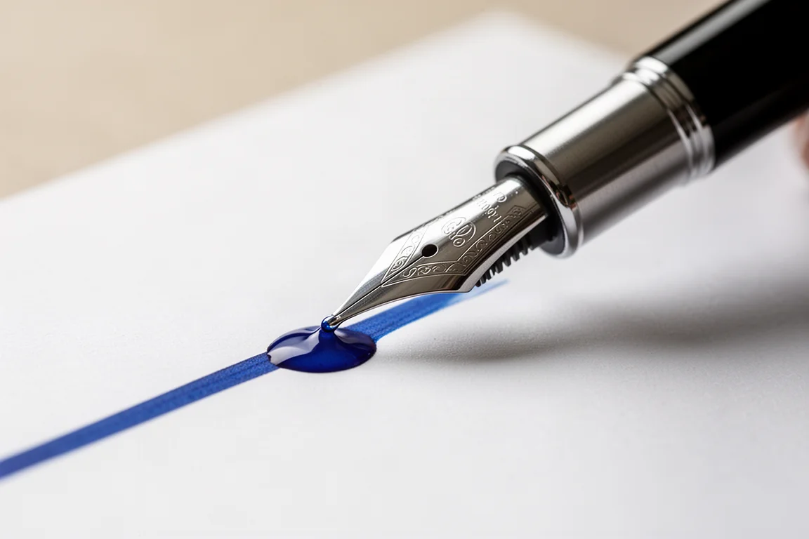 Fountain pen writing with vibrant blue ink on a sheet of white paper