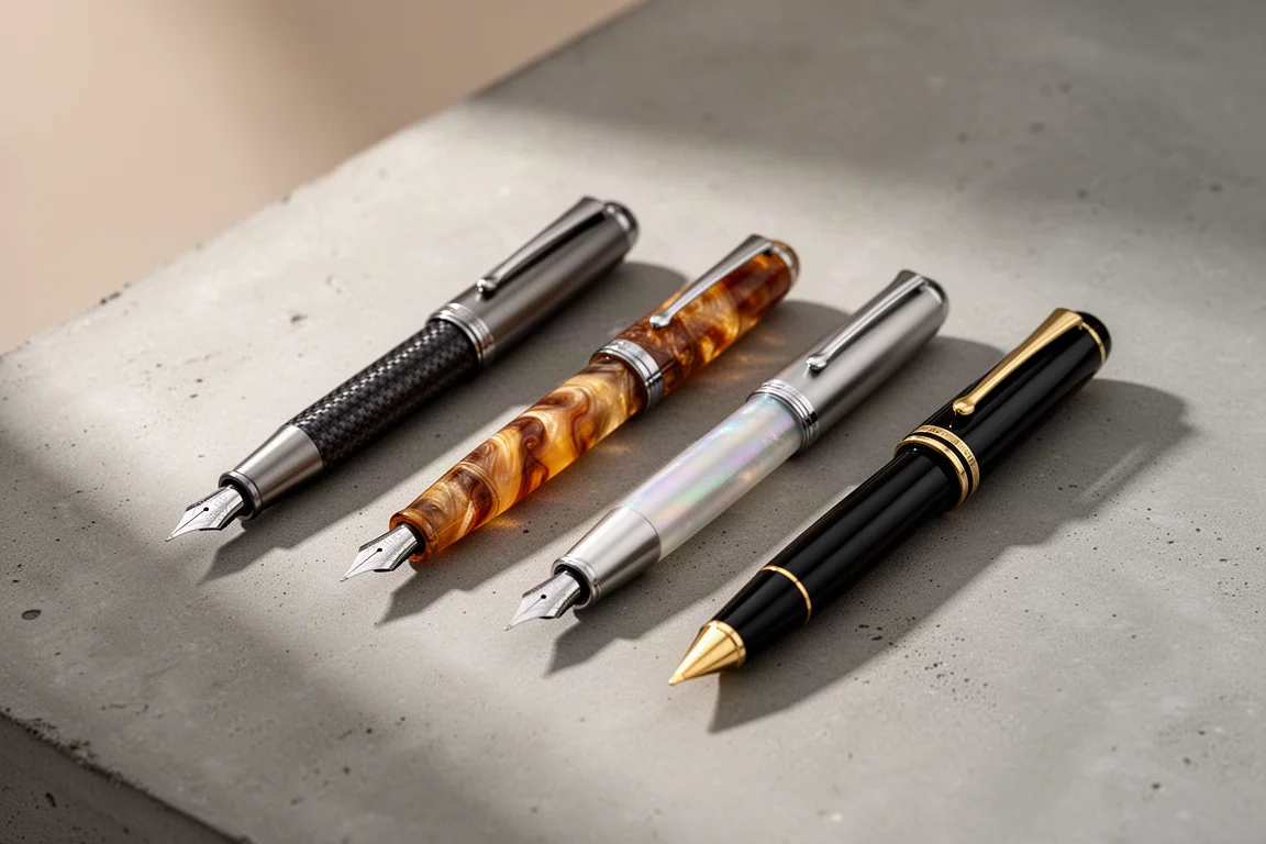 Several premium fountain pens arranged on a matte concrete surface