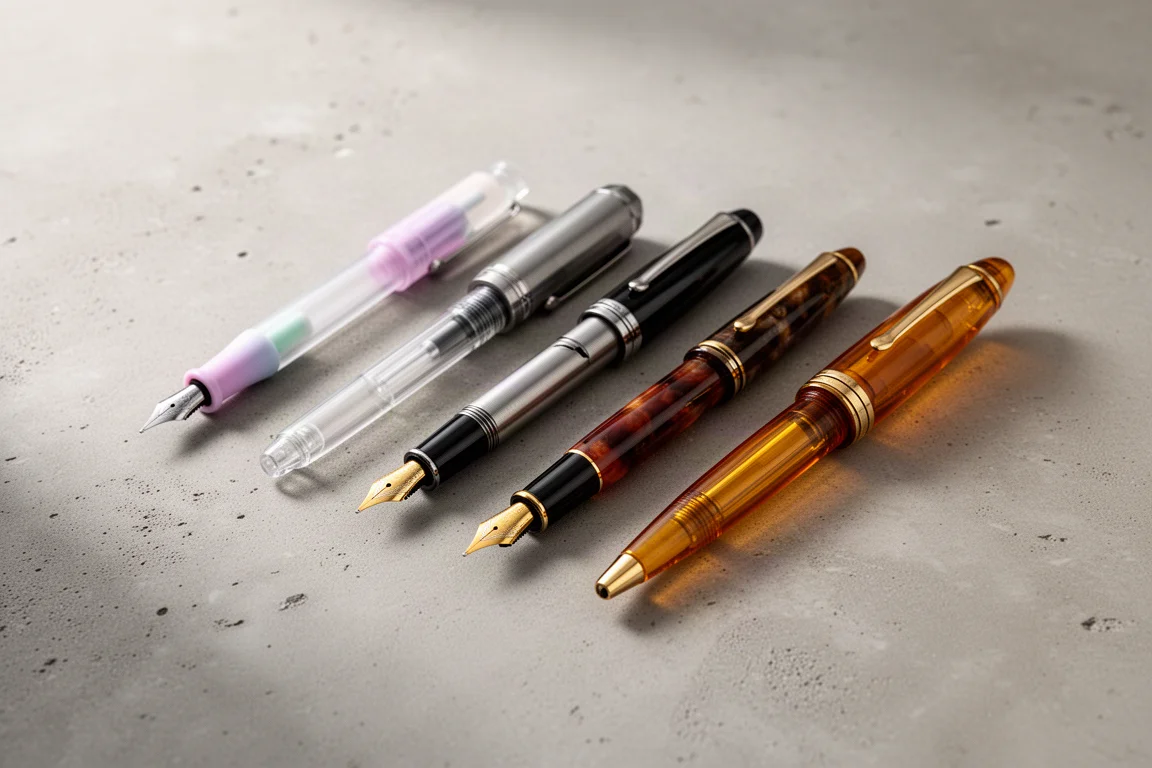 Seven fountain pens of varying sizes and finishes arranged on a concrete surface
